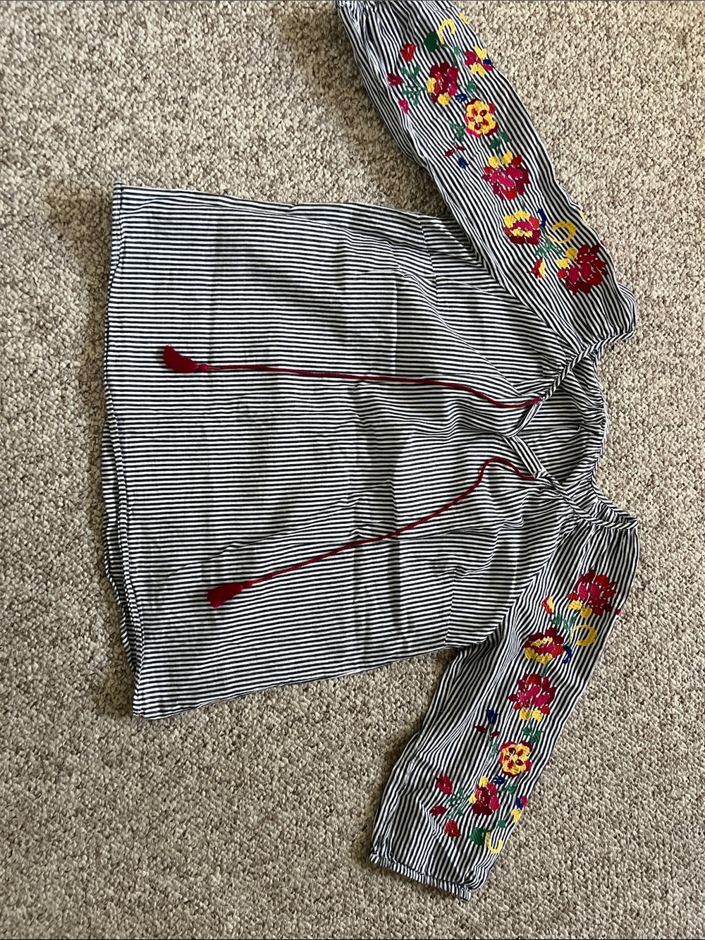 Women’s Black & White Stripe Top with Red Floral Embroidery
